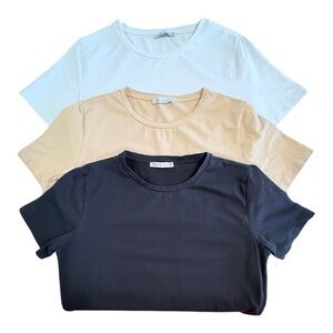 Zara Women’s Lot Of 3 T-Shirt’s Cropped Short Sleeve Crew Neck Neutrals Medium